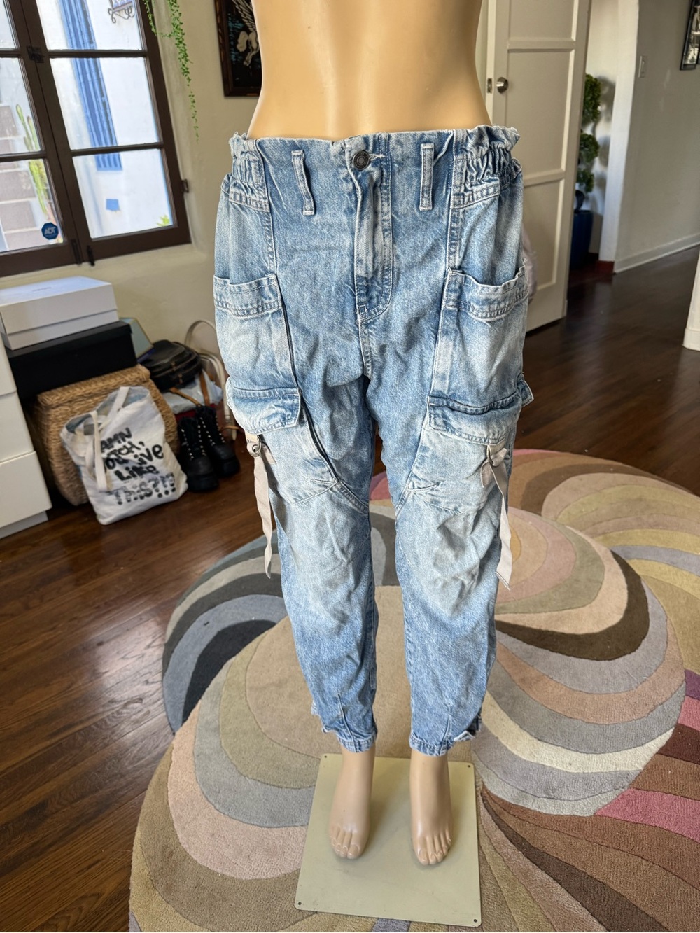 Free People Light Blue Washed Cargo Jeans